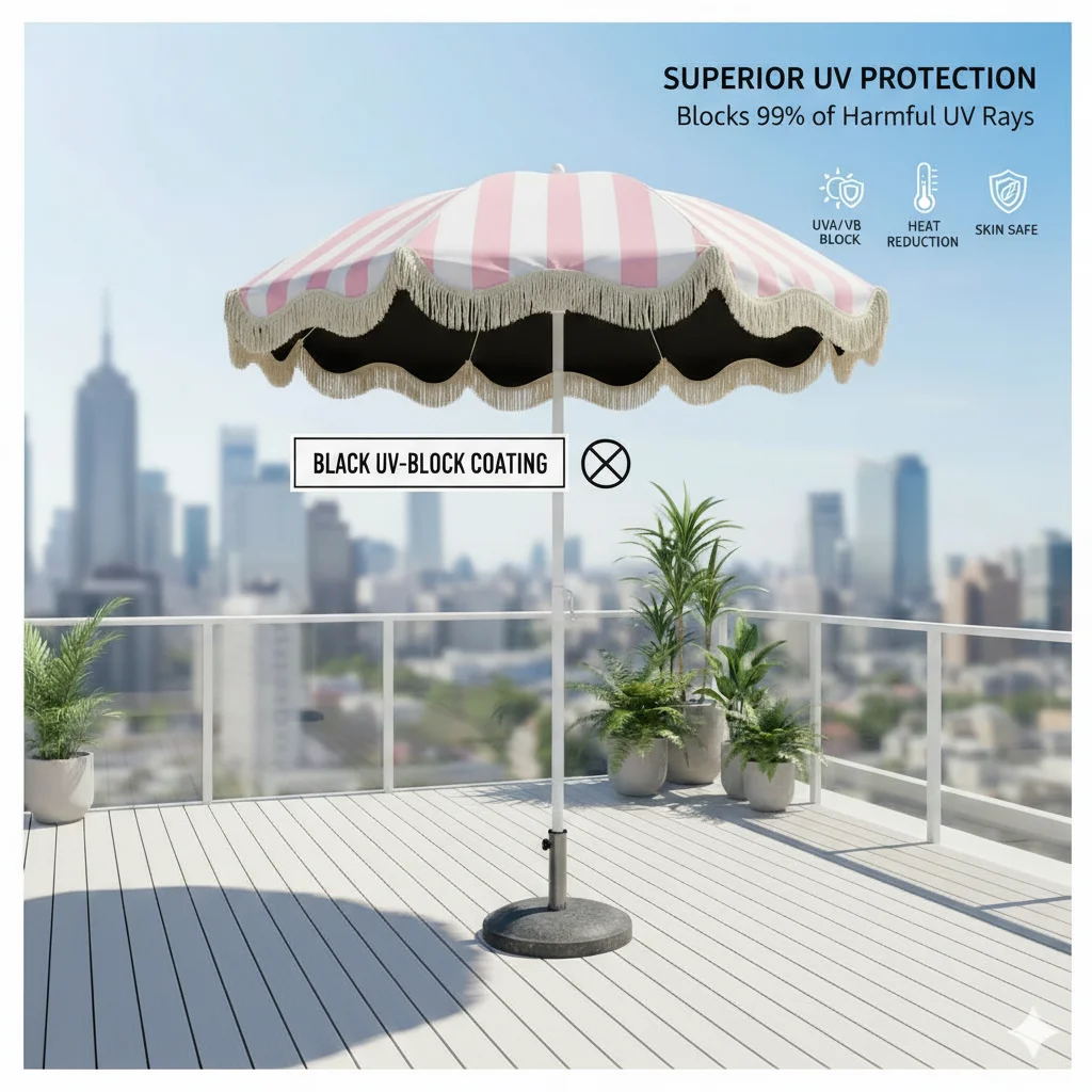 UPF50+ Black Sunshade Umbrella with Sunscreen Coating Soft Pink-White Striped Fringe for Courtyard Balcony No Base Required
