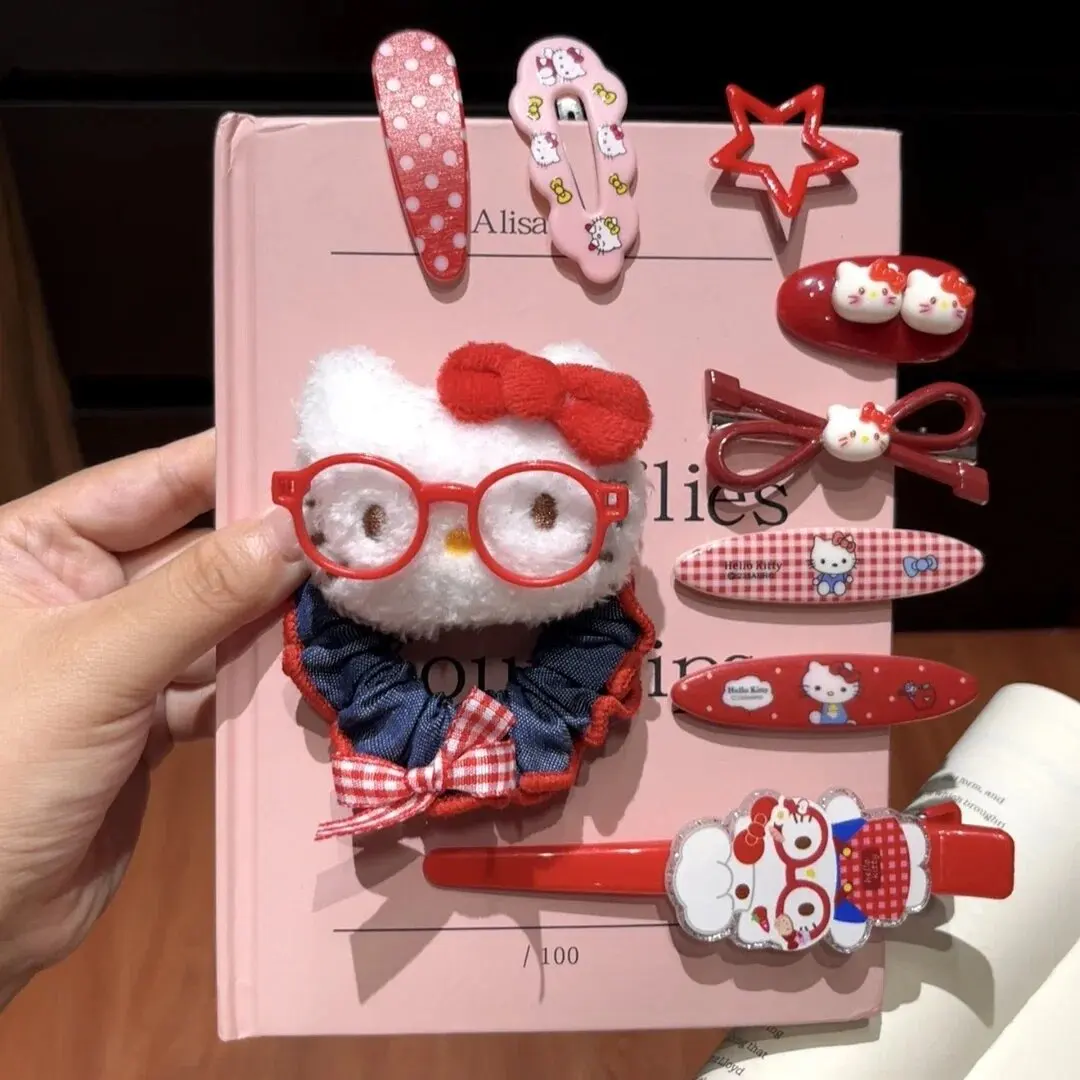 

Набор из 9 заколок и резинок для волос Hello Kitty от Sanrio: простые эластичные резинки и заколки для хвоста, милый подарок для девочек