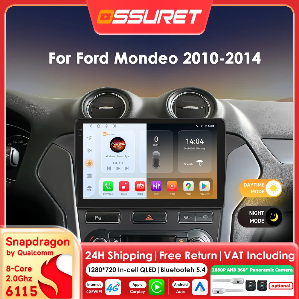 Android 14 Auto-Multimedia-Videoplayer für Ford Mondeo 4 mk4 2010 - 2014 Carplay Android Auto Radio 2din 360 Kamera Intelligenter Bildschirm mit Snapdragon 6115