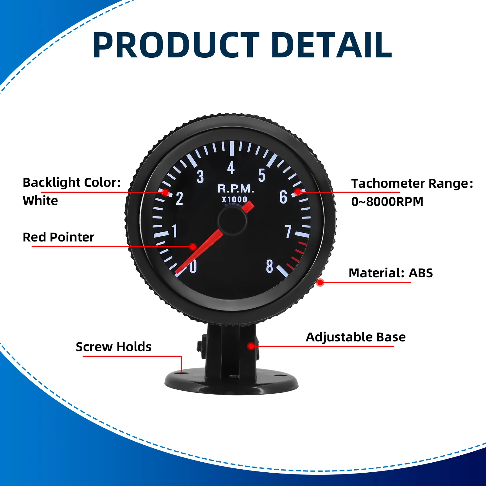 2" 52mm 0-8000RPM Car Meter Tachometer RPM Gauge Analog Black Case With White LED For 1-8 Cylinders Car 3