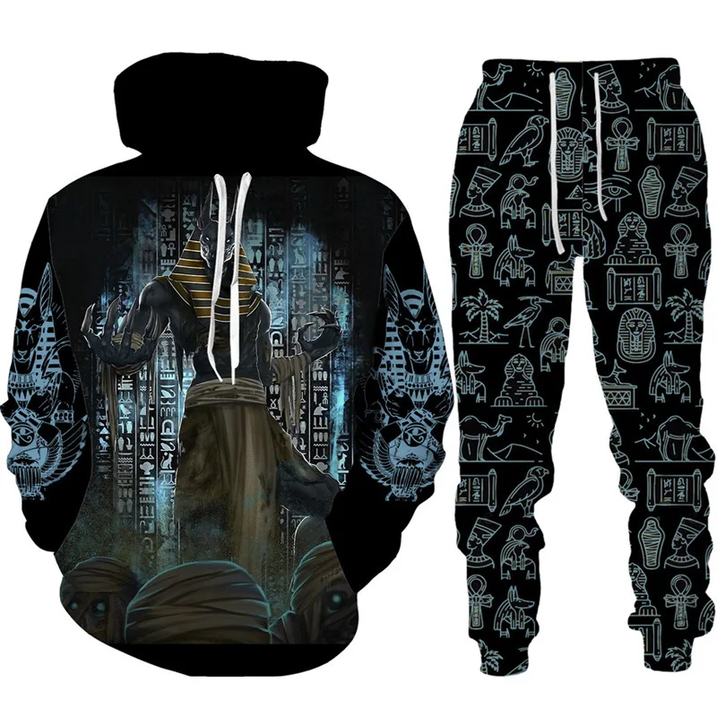 

Мужской спортивный костюм с 3D принтом Египта Анубиса, спортивные толстовки на открытом воздухе, комплект из 2 предметов, осень/зима, мужская и женская толстовка с капюшоном, комплект брюк