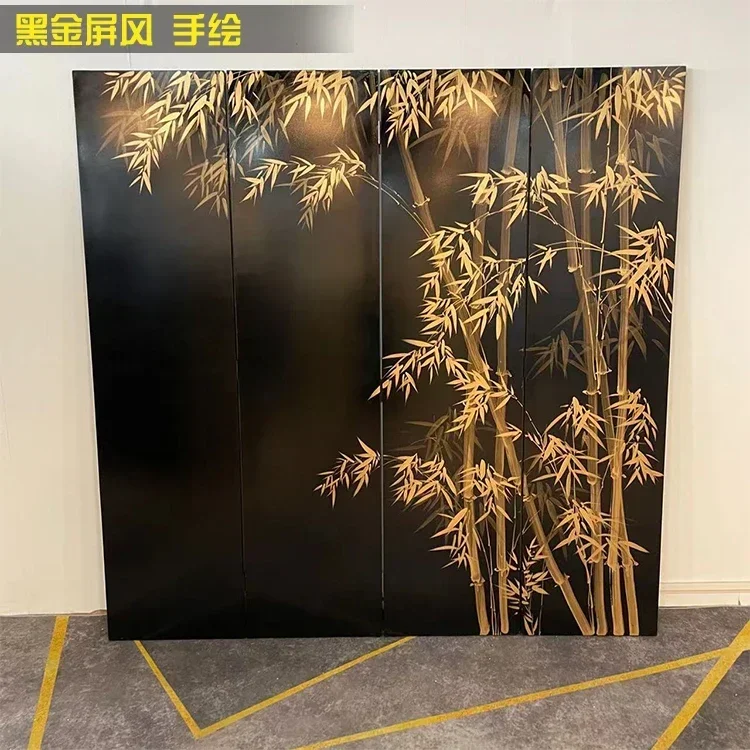 Custom hand-painted black gold bamboo lacquer screen high-grade porch mobile folding screen Chinese-style simple background wall