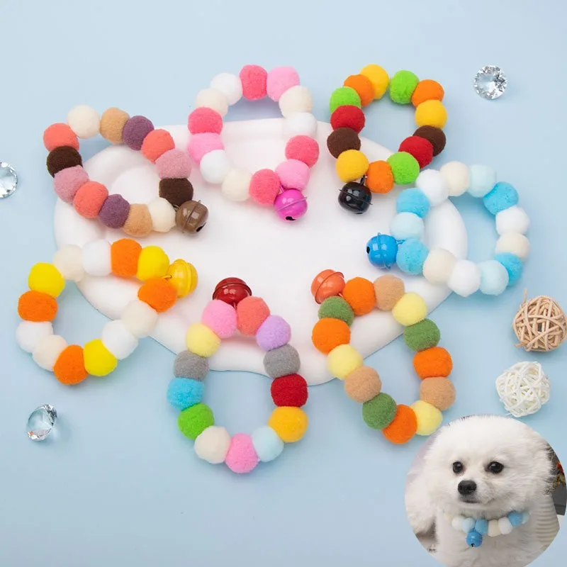 Elastic Plush Pom Ball Pet Collar Rainbow Flower Hair Decoration Dog Bowtie Necklace Pet Cat Bow Dog Grooming Accessories Bell