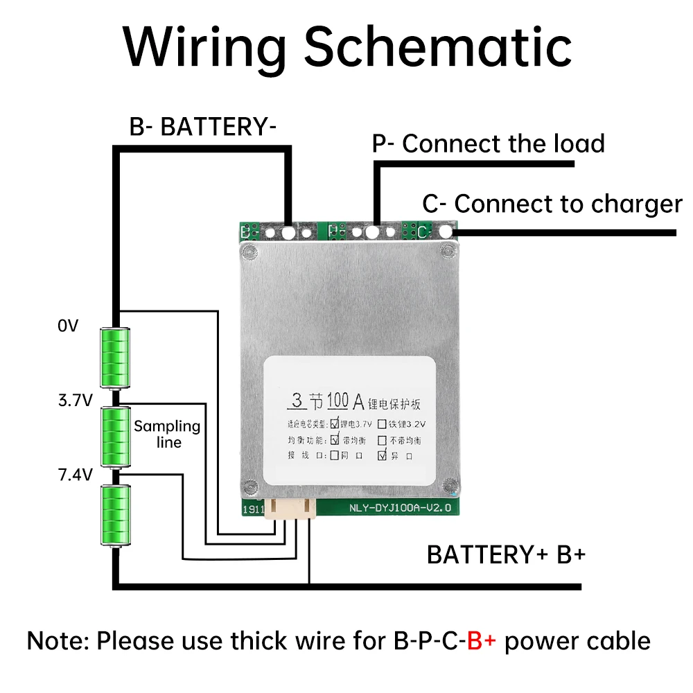 BMS 3S 12V 65A Continuous Current 100A Peak Current Split Port with Equalizer Li-ion Battery Protector Board with Sampling Cable