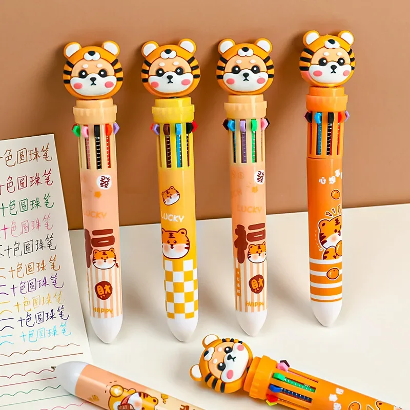 30PCS  Little tiger 10 color ball point pen student press multi-color one signature pen cute push color ten color pen