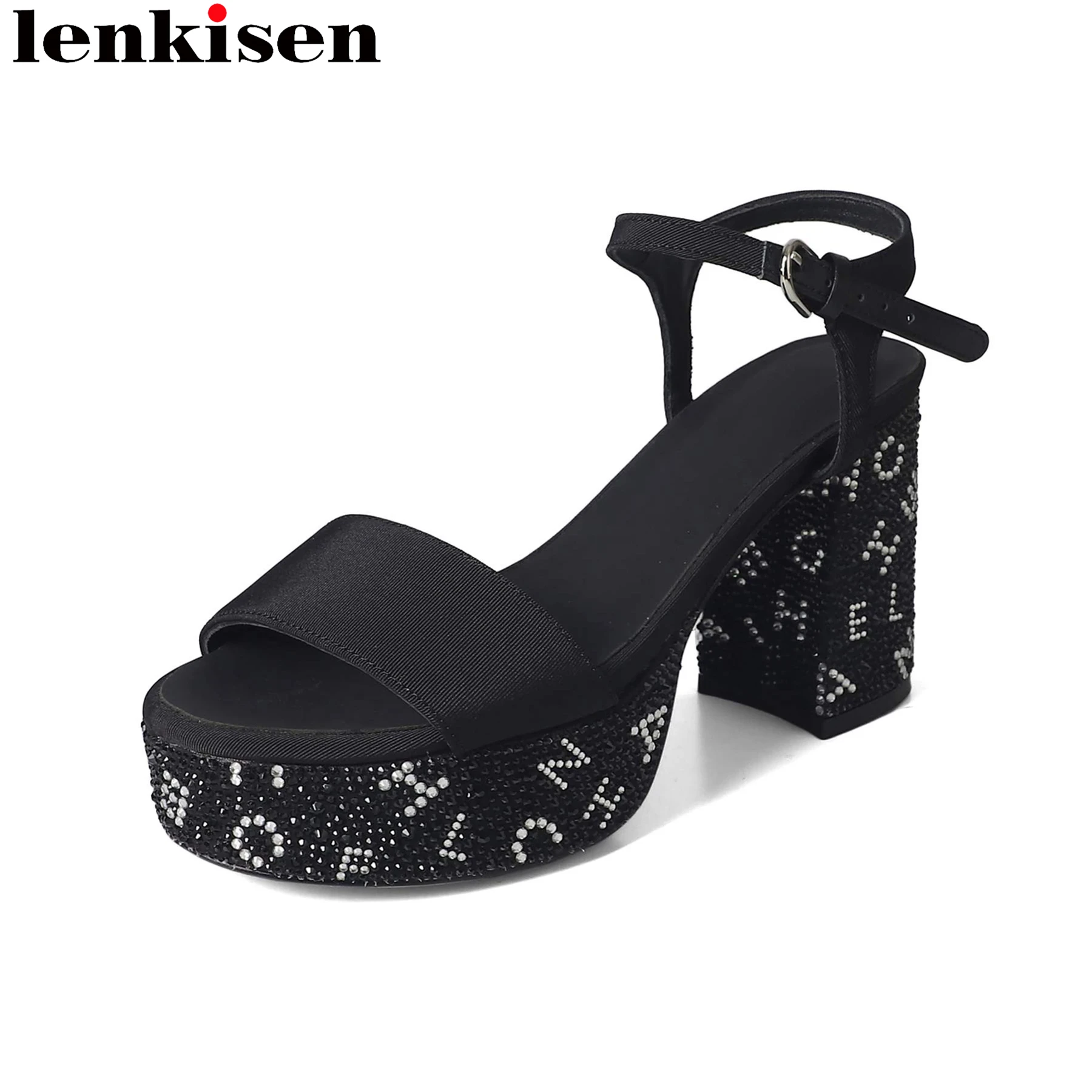 Lenkisen Cow Leather Rhinestone Peep Toe Summer Shoes Super High Nightclub Casual Brand Office Lady Sexy Platform Women Sandals