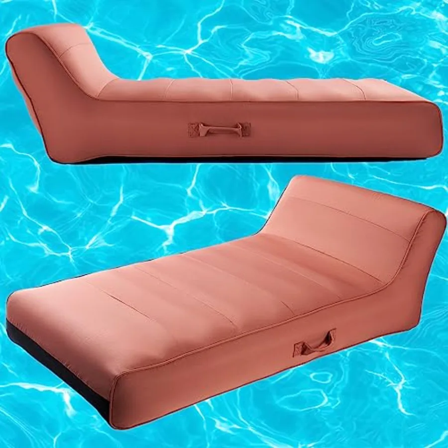 Upholstered pool float lounger for lake and beach use, terracotta fabric, heavy-duty durable material, comfortable reclining ba