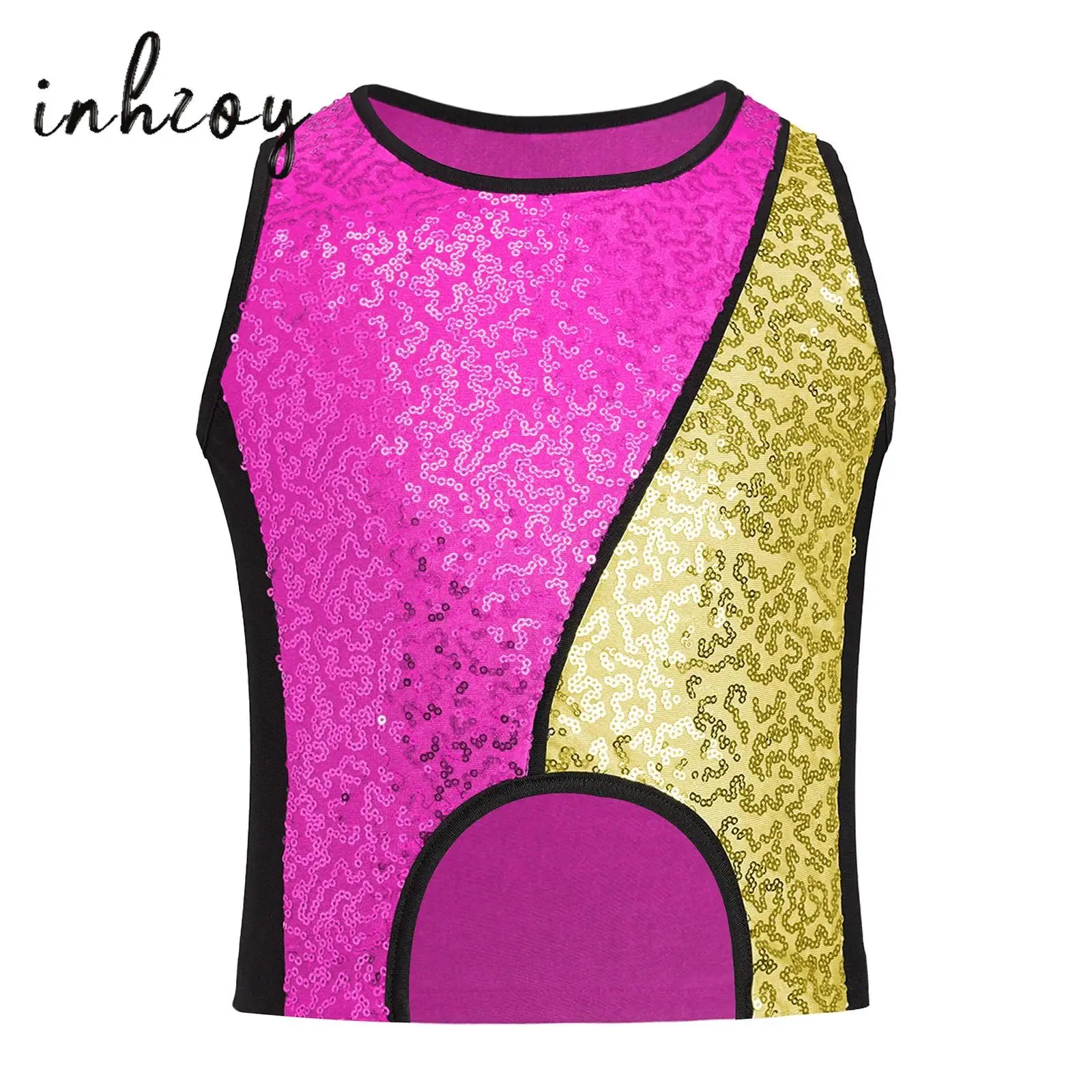 

Kids Girls Jazz Dance Crop Top Color Block Patchwork Sparkly Sequins Asymmetrical Hem Tank Top Vest Streetwear Ballet Costume