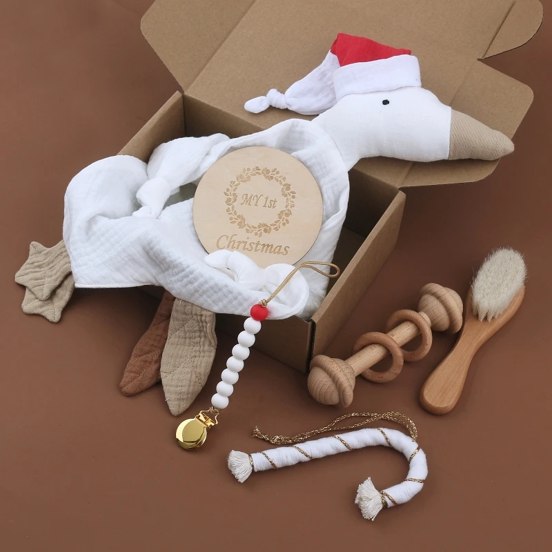 

6 Pcs Newborn Christmas Gift Baby Wooden Rattle Toy Silicone Pacifier Clips Chain Soothe Appease Towel Hairbrush Set