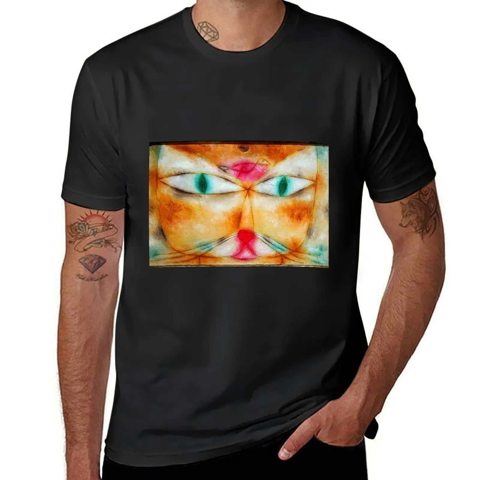 Bauhaus Paul Klee cat and bird,vintage museum exhibition ,paul klee paintings, T-Shirt anime clothes slim fit t shirts for men