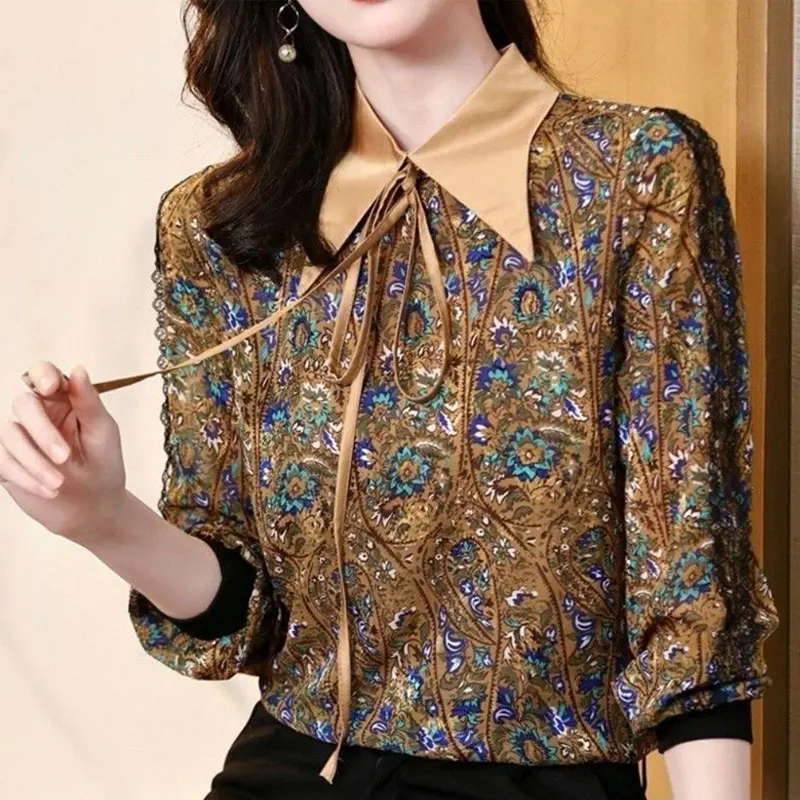 Office Lady Turn-down Collar Shirt Fashion Drawstring Bow Spring Autumn Vintage Folk Printed Women\'s Clothing Lace Loose Blouse