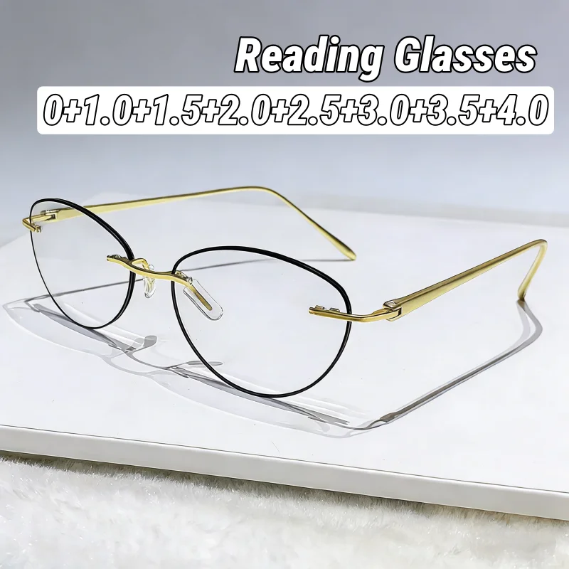 

New Cat-Eye Frameless Presbyopia Glasses Women's INS Style Anti-Fatigue HD Blue Light Blocking Reading Glasses Men Goggles