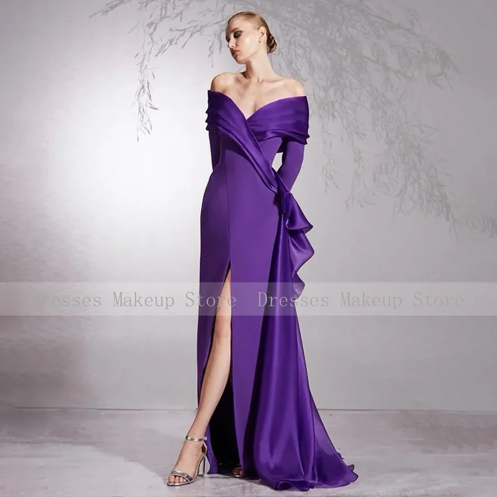 Formal Party Dresses for Women Off the Shoulder Long Sleeves Mermaid Wedding Guest Gowns Long V Neck Middle Slit Evening Dress