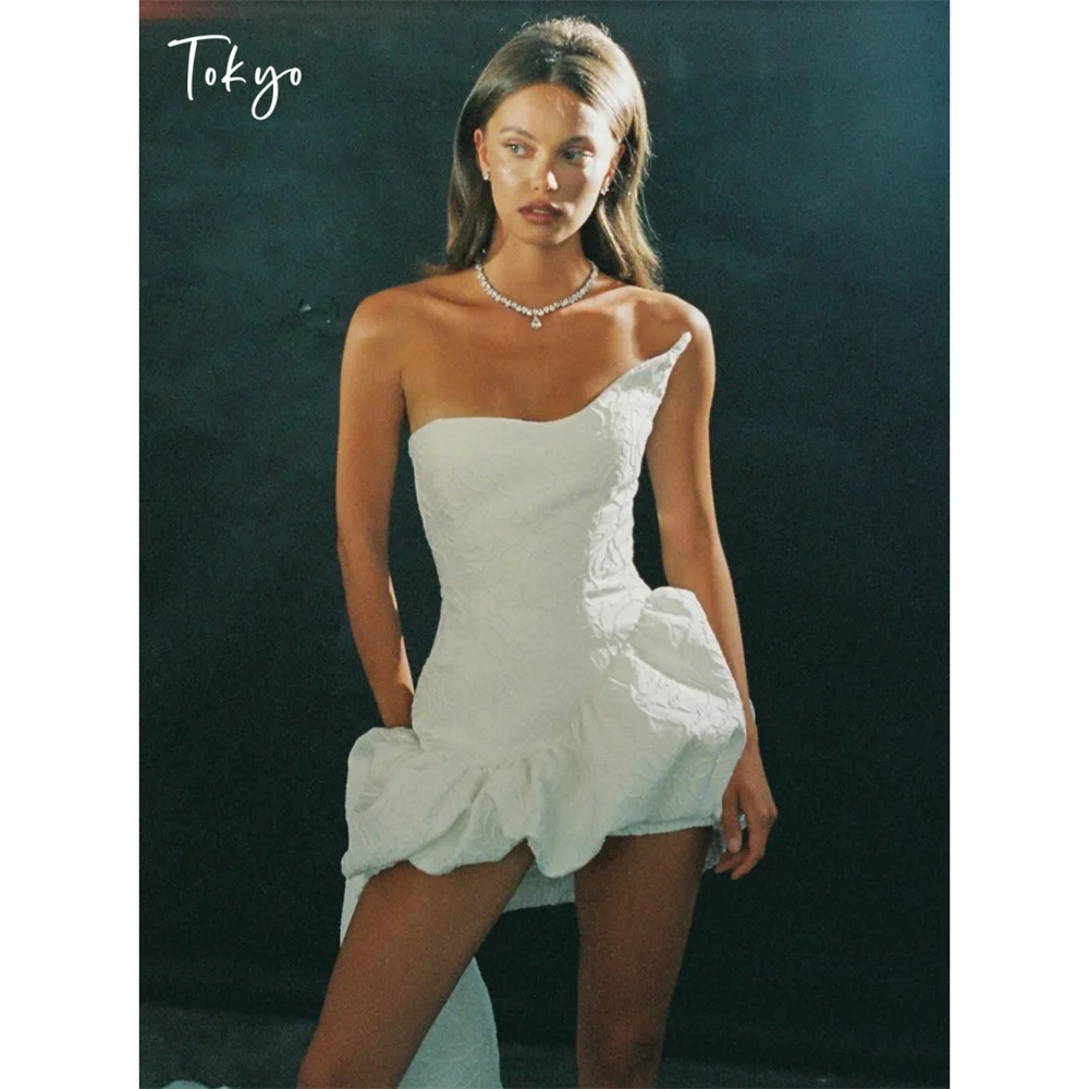 

Tokyo Customized White One Shoulder Wedding Dresses Sleeveless Elegant Back Zip Bridal Gowns 2025 A-Line Mini Wedding Gowns