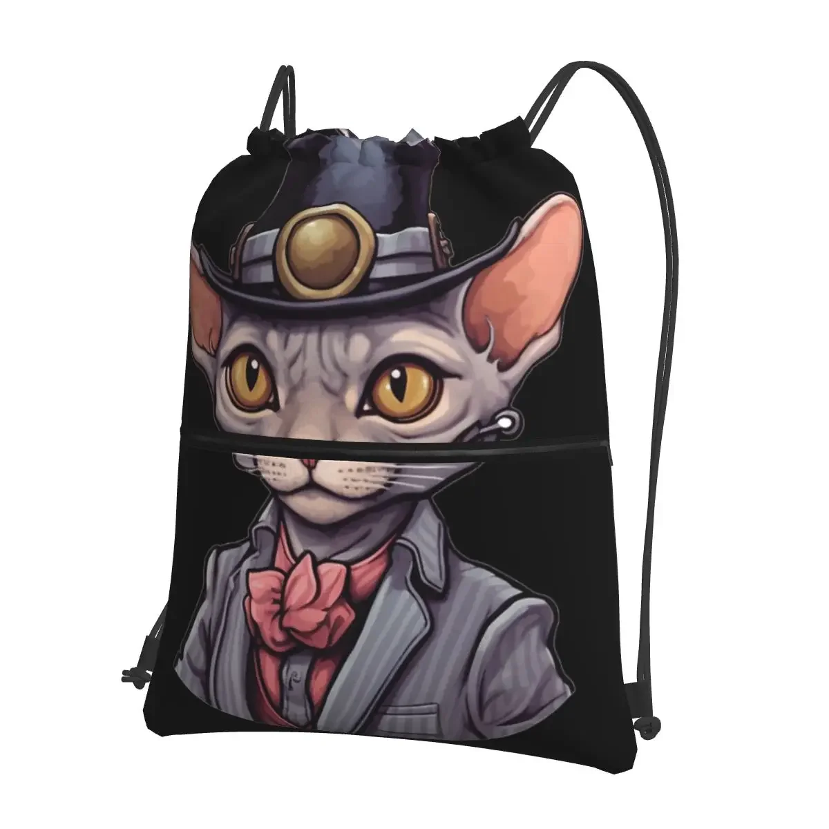 Elegant Sphynx Cat In Hat Portable Backpacks Drawstring Bag Multi-function Drawstring Bundle Pocket Sundries Bags For Man Woman