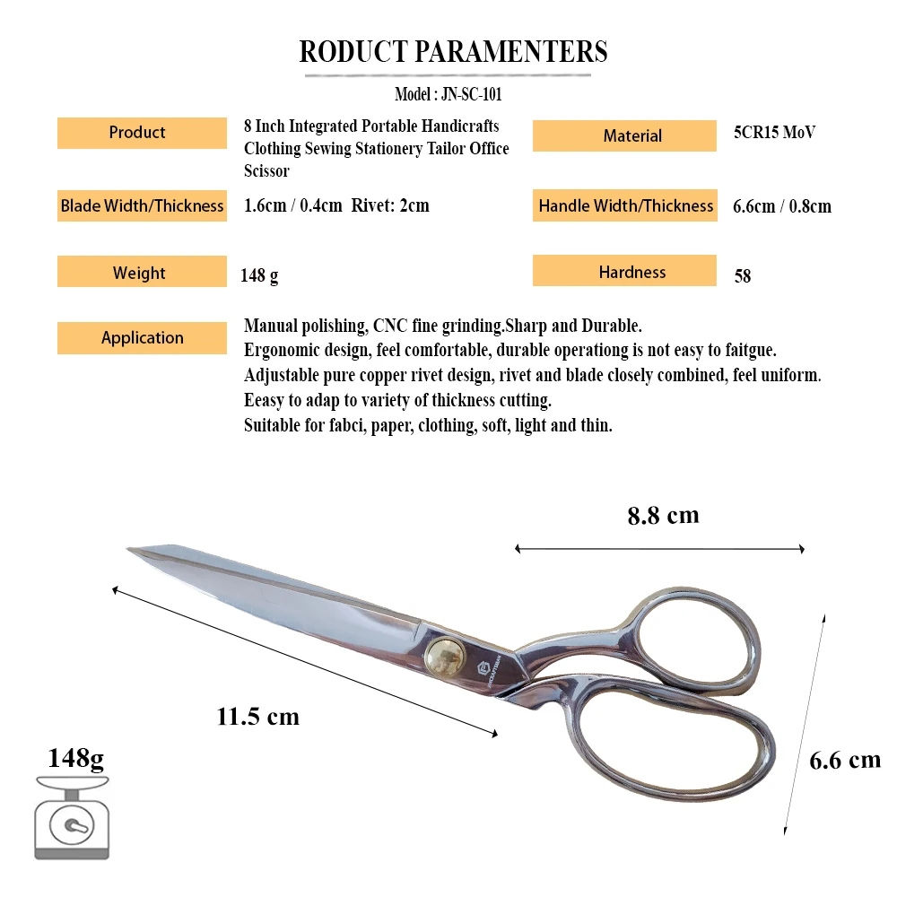 Jincraftsman®–8 Inch Integrated Steel Portable Ergonomically Sharp Handicrafts Clothing Sewing Stationery Tailor Office Scissor