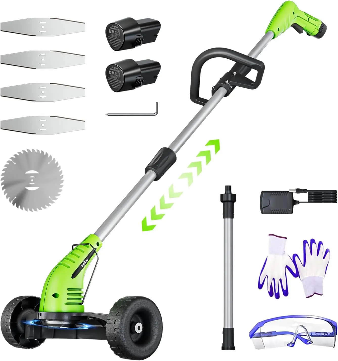 

Cordless Weed Trimmer with 2 Batteries, 4 Blades, Adjustable Pole & Wheels for Easy Lawn Care