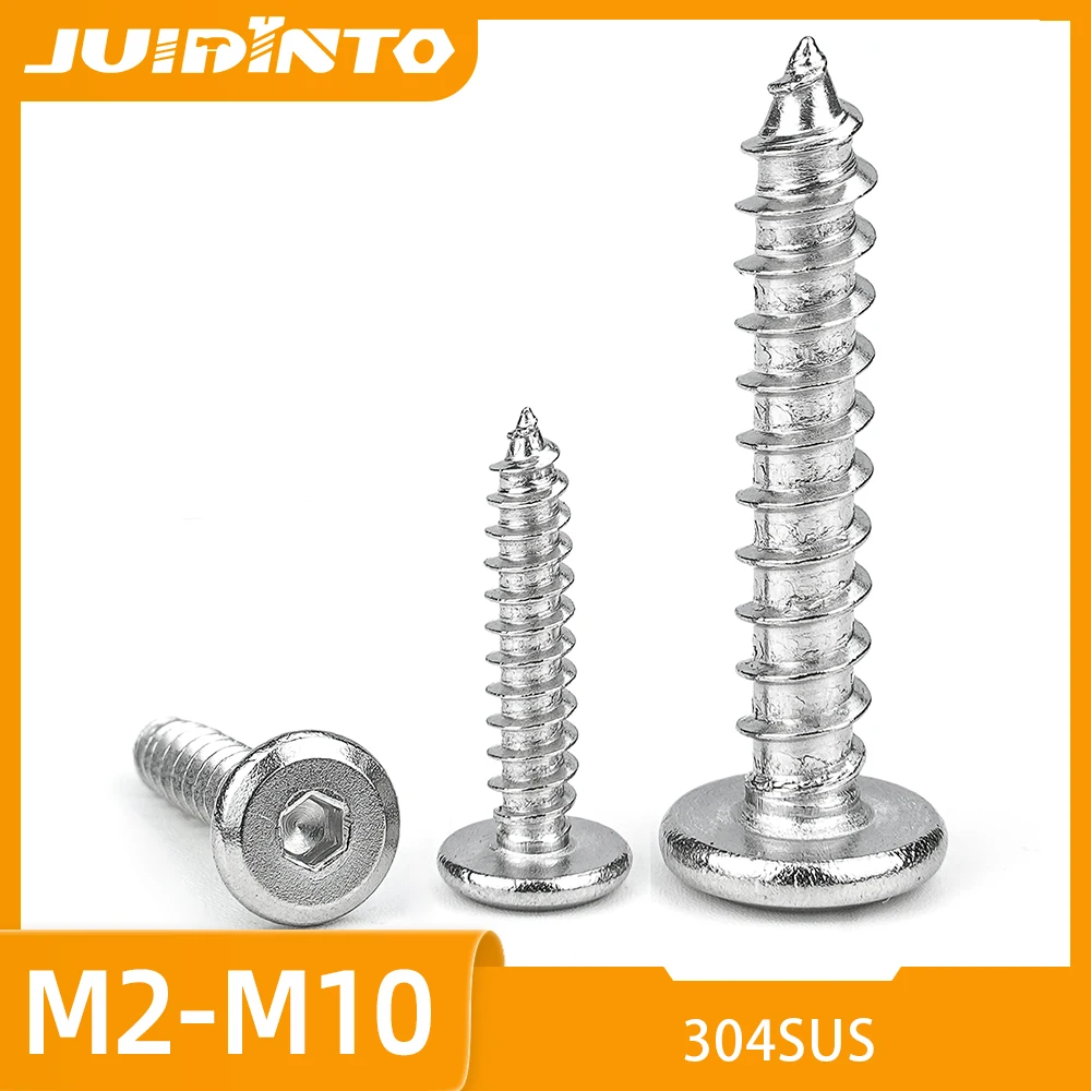 JUIDINTO 2-100PCS 304 Stainless Steel Flat Head Self Tapping Screws M2 M2.3 M2.6 M3 M4 M5 M6-M10 Hexagon Socket Furniture Screws