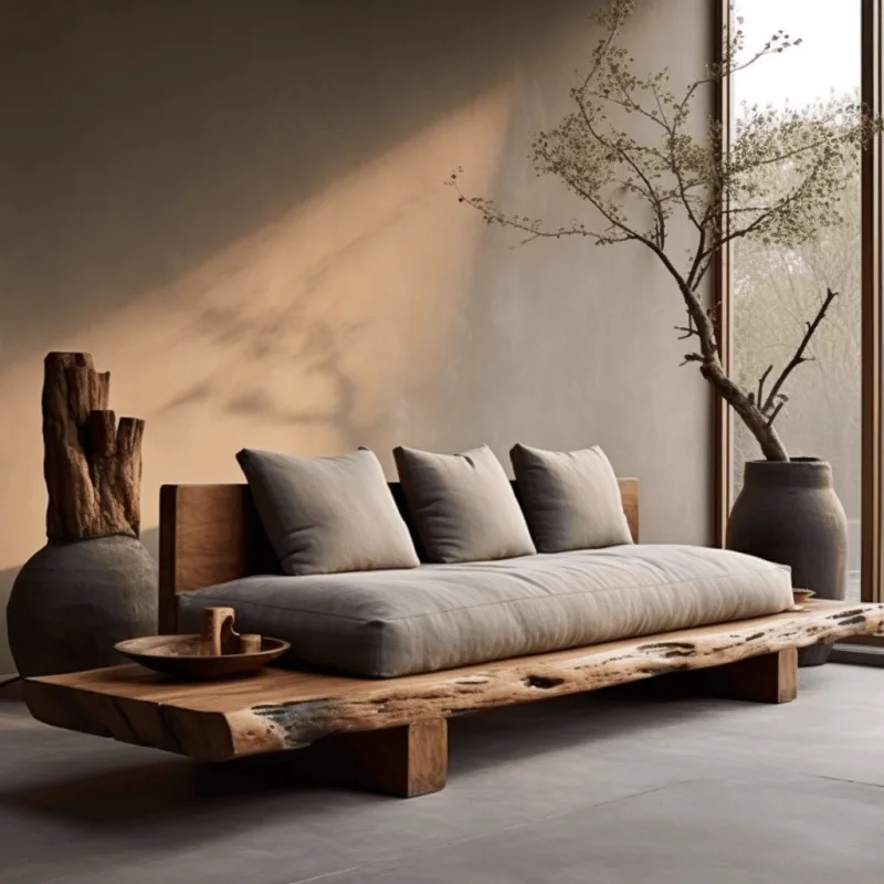 SC Log Natural Edge Straight Row Sofa Arhat Bed Japanese-Style Wabi Sanfeng Homestay Hotel Furniture Living Room Solid Wood Sofa