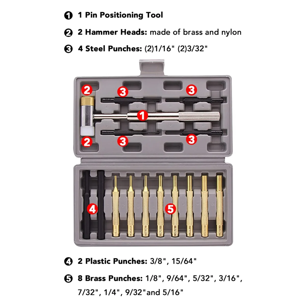 Professional Roll Pin Punch Set & Hammer -With Brass, Steel, Plastic Punches and Interchangeable Hammer