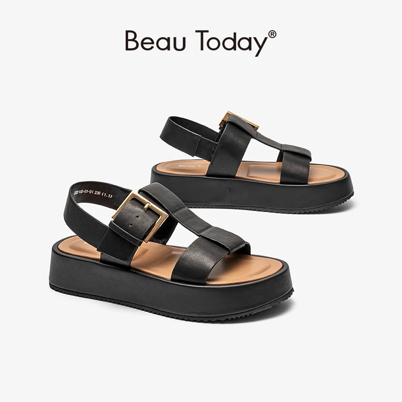 

BeauToday Gladiator Sandals Women Genuine Cow Leather Woven Buckle Strap Platform Sole Summer Beach Ladies Chunky Shoes 38200