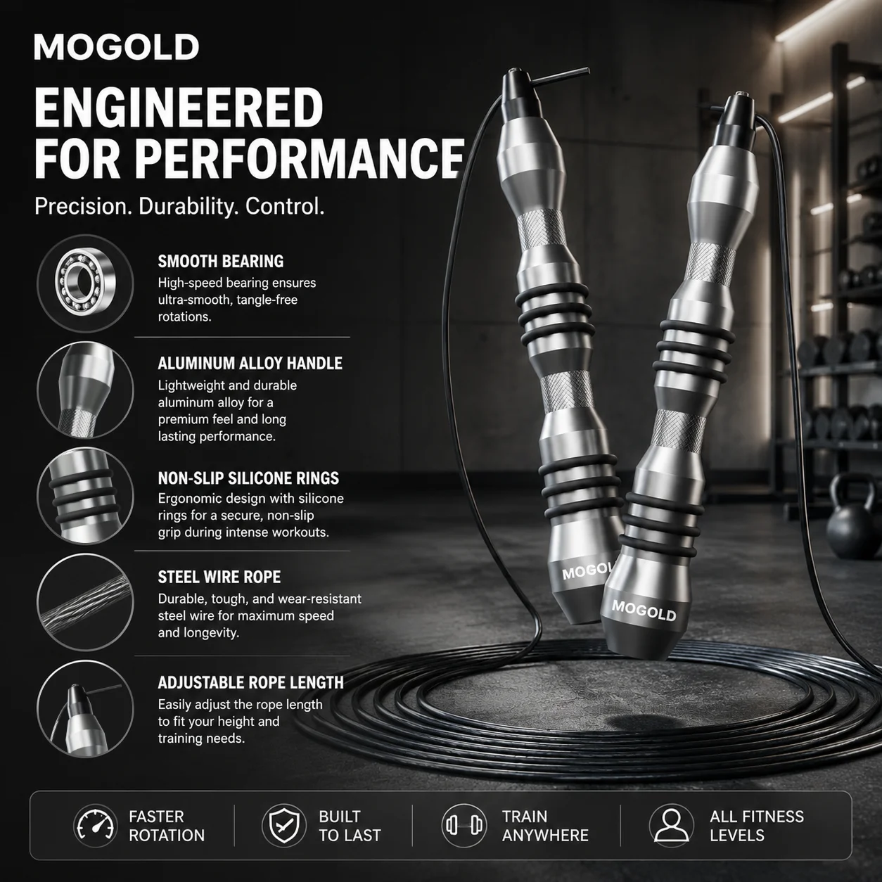 MOGOLD Pro Jump Rope – Precision Bearings, Steel Wire, Non-Slip Grip, Instantly Adjustable