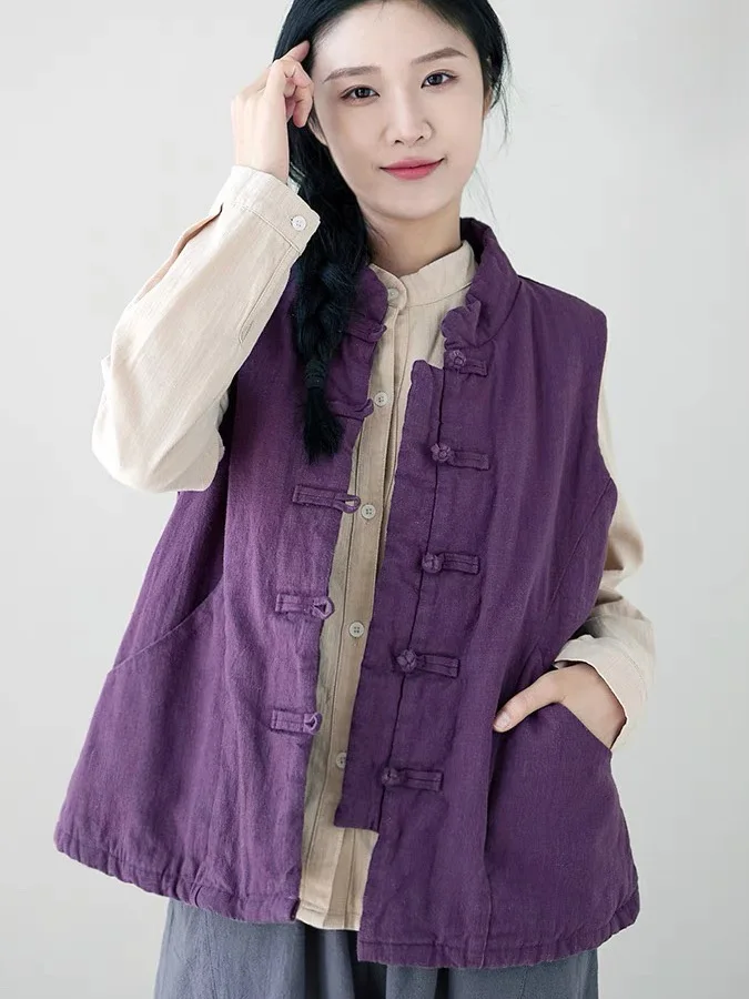 

Linen Cotton Vest Women's Quilted Svel Outerwear Retro Tang Suit Sle Thiened Winter Coat for Middle-Aged And ly