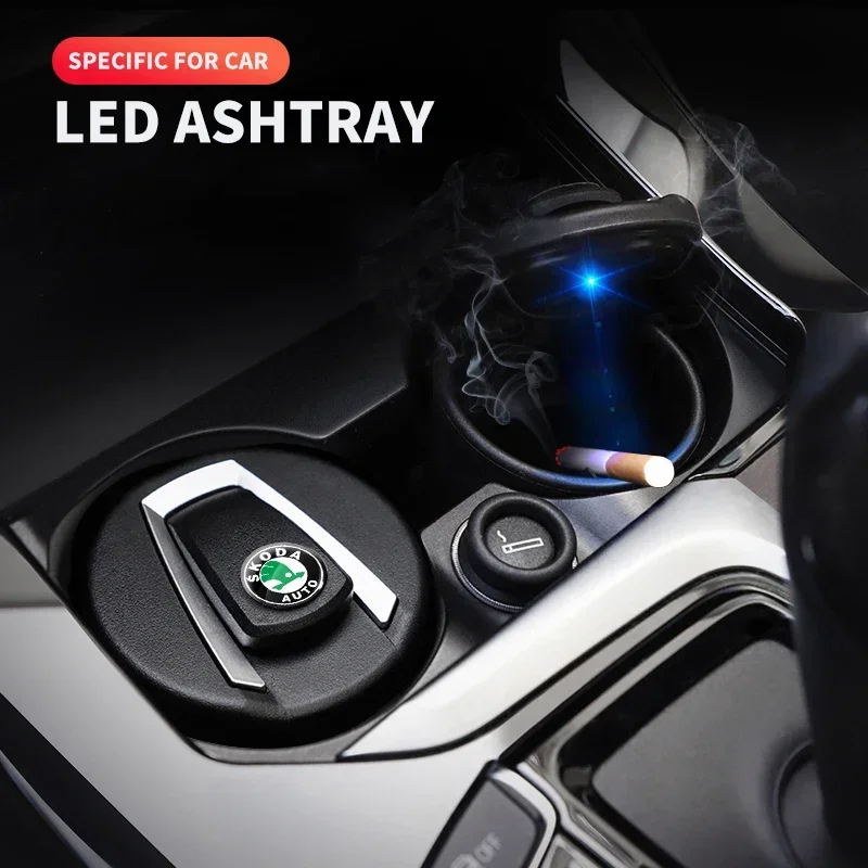 Portable Car Ashtray With LED Light Flame Retardant Smoke Cigar Ash Tray one Touch Open For Skoda Kamiq Fabia Kodiaq Rapid a5