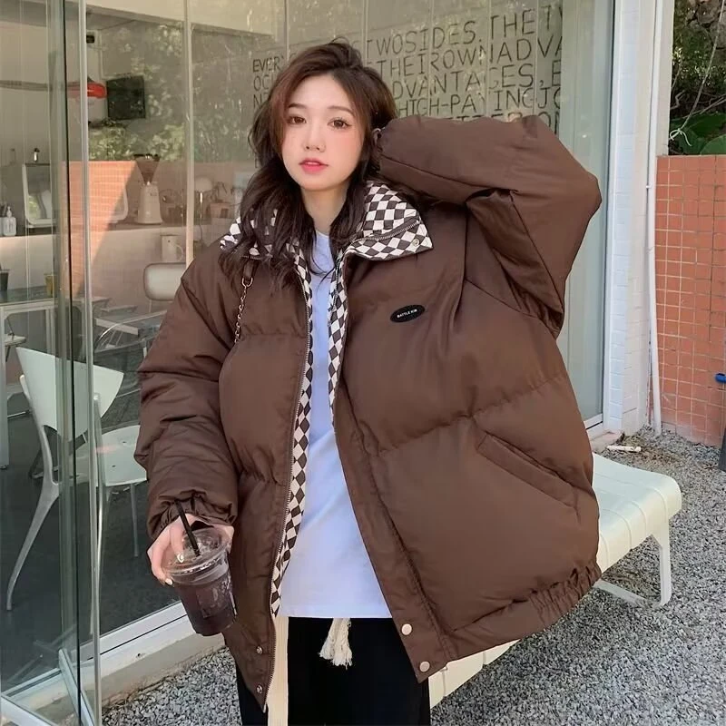 Winter New in Parkas Women Loose Warm Casual Plaid Stand Couples Outwear Thick Comfortable Ulzzang Office Lady Chic Soft Clothes