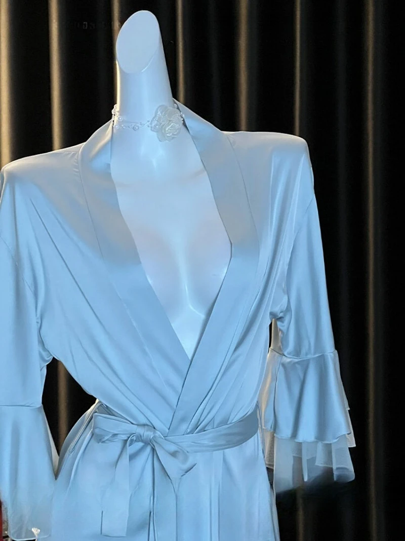 

2026 New Autumn Soft Ice Silk Sexy Bathrobe for Women,Loose Comfort Kimono Home Sleepwear,Pure Desire Lace Trim Gown,Light