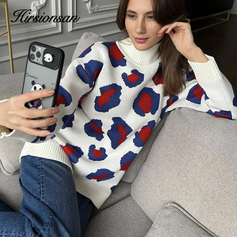 Hirsionsan Winter Women Sweater Leopard Print Basic Knitted Turtleneck Oversize Pullovers Jumper Vintage Warm Clothes for Lady