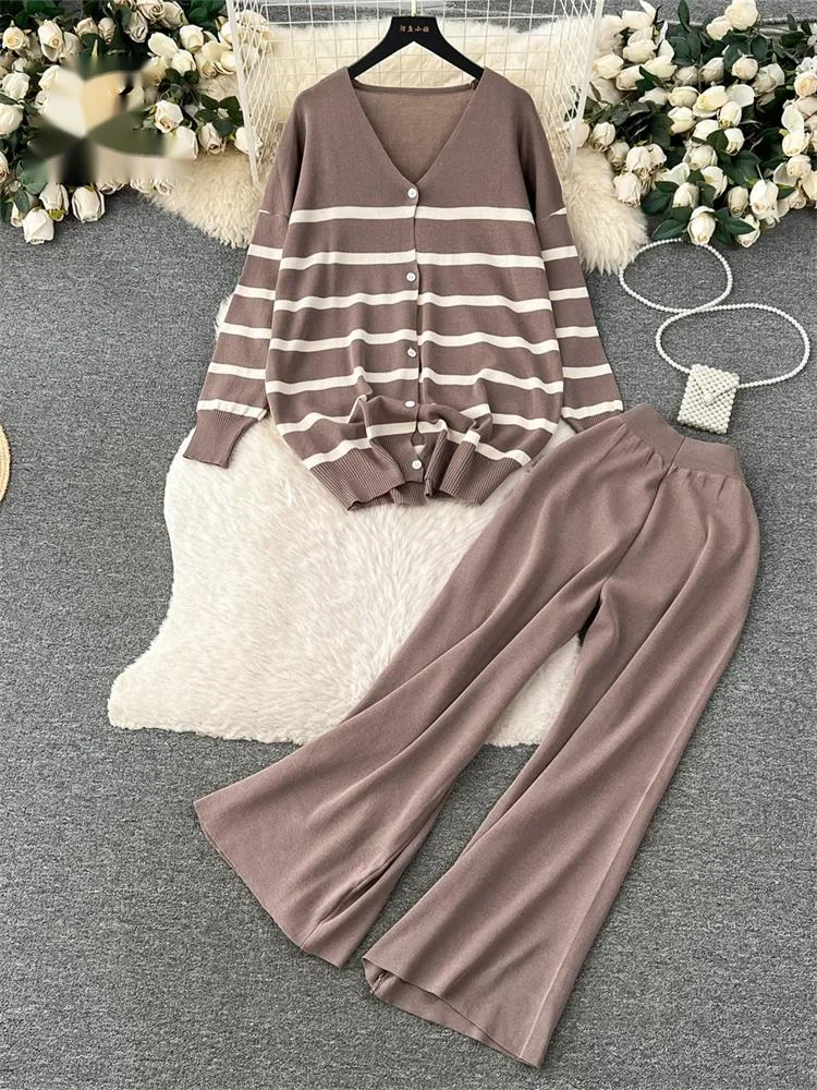 

Autumn Korean Knit Stripe Sets Fashion Cozy Cardigan+Loose Wide Leg Pant Casual Winter Homewear Sweater 2Pcs Sets