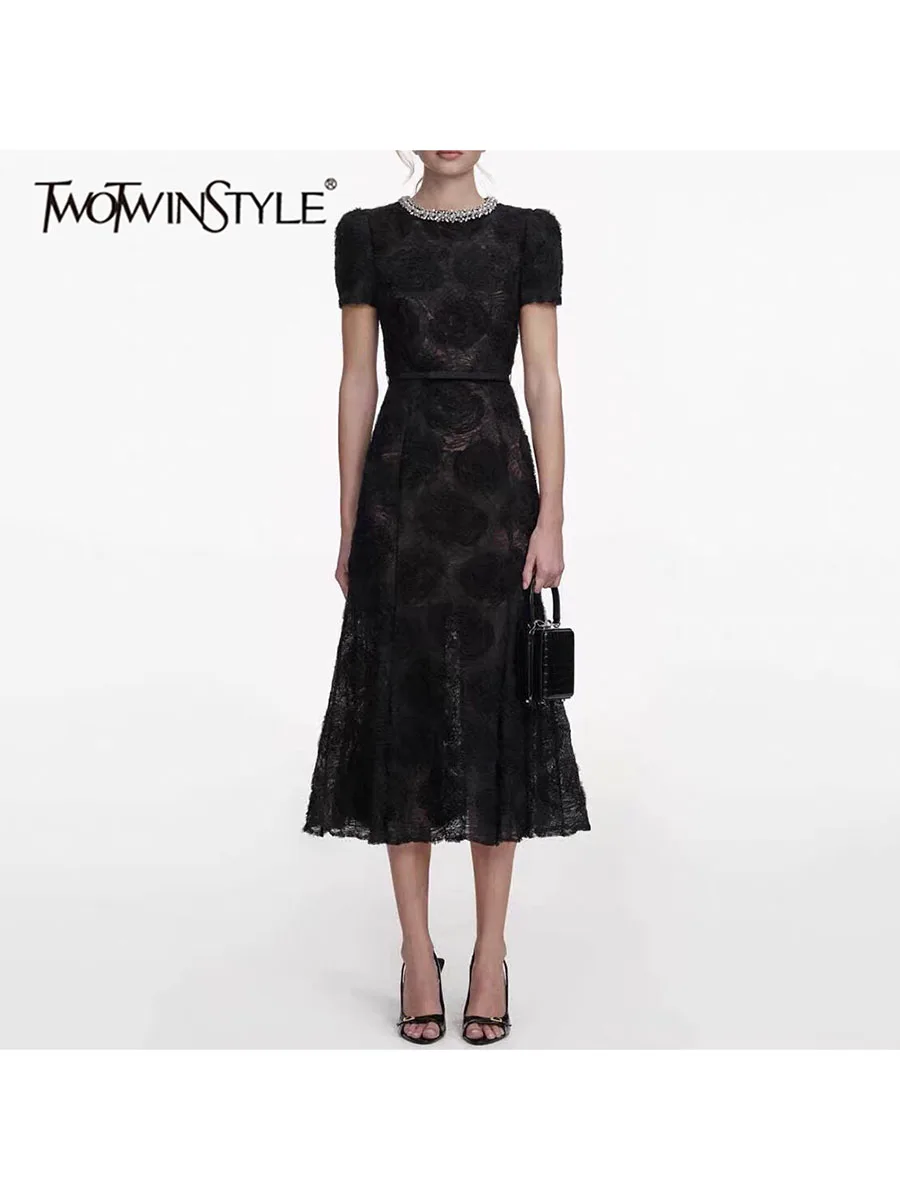TWOTWINSTYLE Solid Spliced Flower Slim Midi Dress for Women Round Neck Short Sleeve Patchwork Diamond Dresses Female New Style