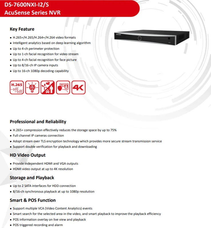 2026 Premium  HIK DS-7616NXI-I2/S Original Hik 16-ch 1U AcuSense 4K NVR DS-7616NXI-I2/S(C) Up to 4-ch facial recognition