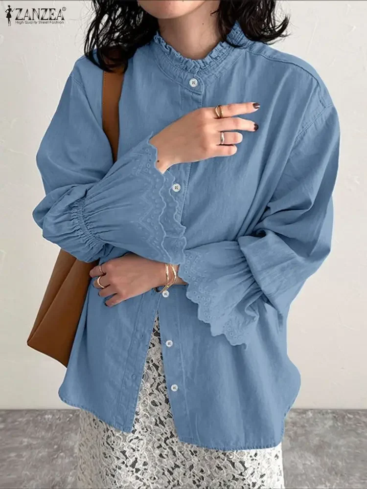 

ZANZEA Fashion Women Shirts 2025 Autumn Long Flare Sleeve Solid Blouse Elegant Office Lady Tops Casual Stand Collar Lace Blusas