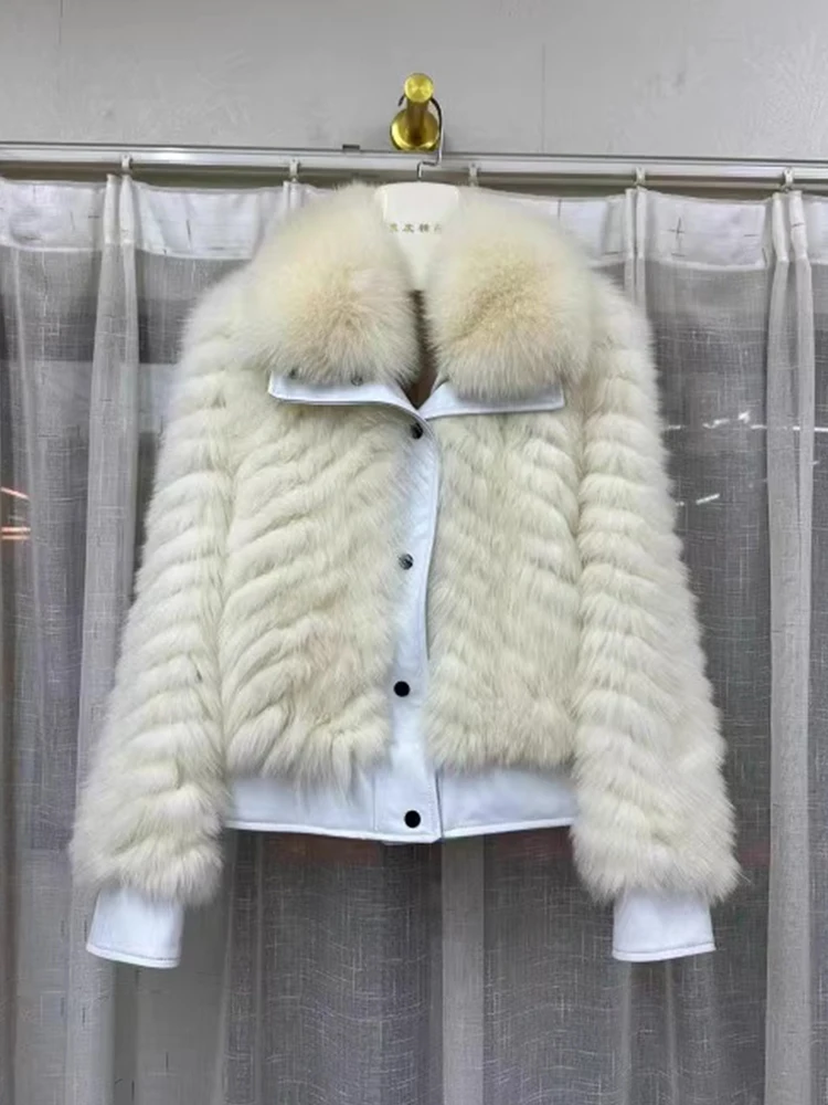 

Furyoume Genuine Sheepskin Leather Jacket for Women Real Fox Fur Coat Short Thick Warm Natural Fur Outerwear Fashion Winter