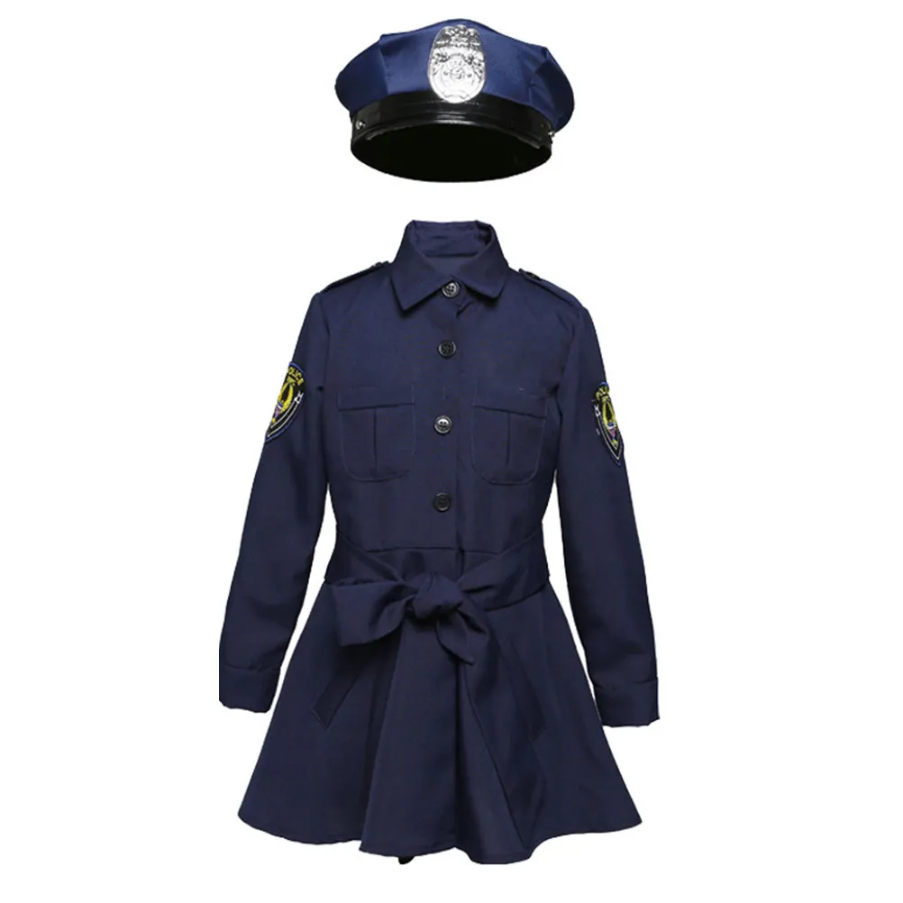 Kids Role Play Costume Girls Police Uniform Slim Fit Long Sleeve Navy Skirt Halloween Party Cosplay Dress Up Breathable Skin