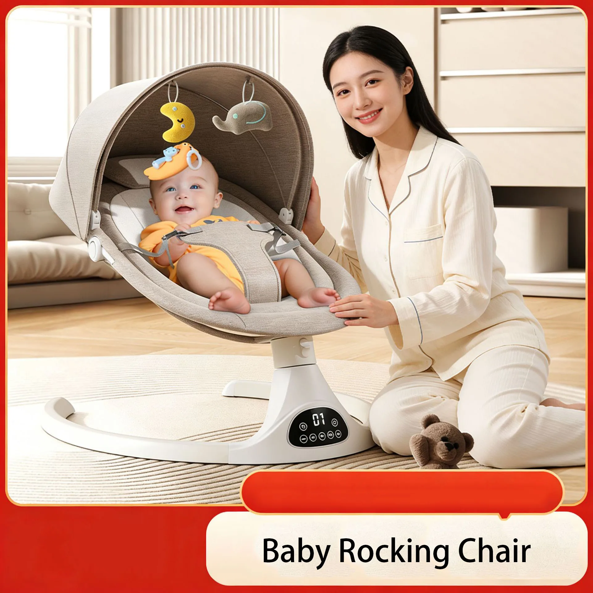 Baby Electric Rocking Chair with 5-Speed Side-to-Side Motion Cradle-Style Newborn Recliner with Adjustable Backrest Include Tray
