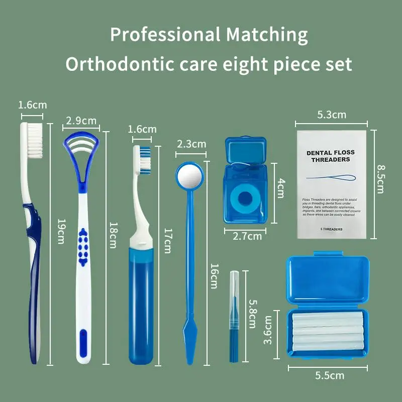 8Pcs/set Dental Care Kit Teeth Cleaning Braces Toothbrush Interdental Brush Floss Thread Ortho Wax Portable Travel Kit