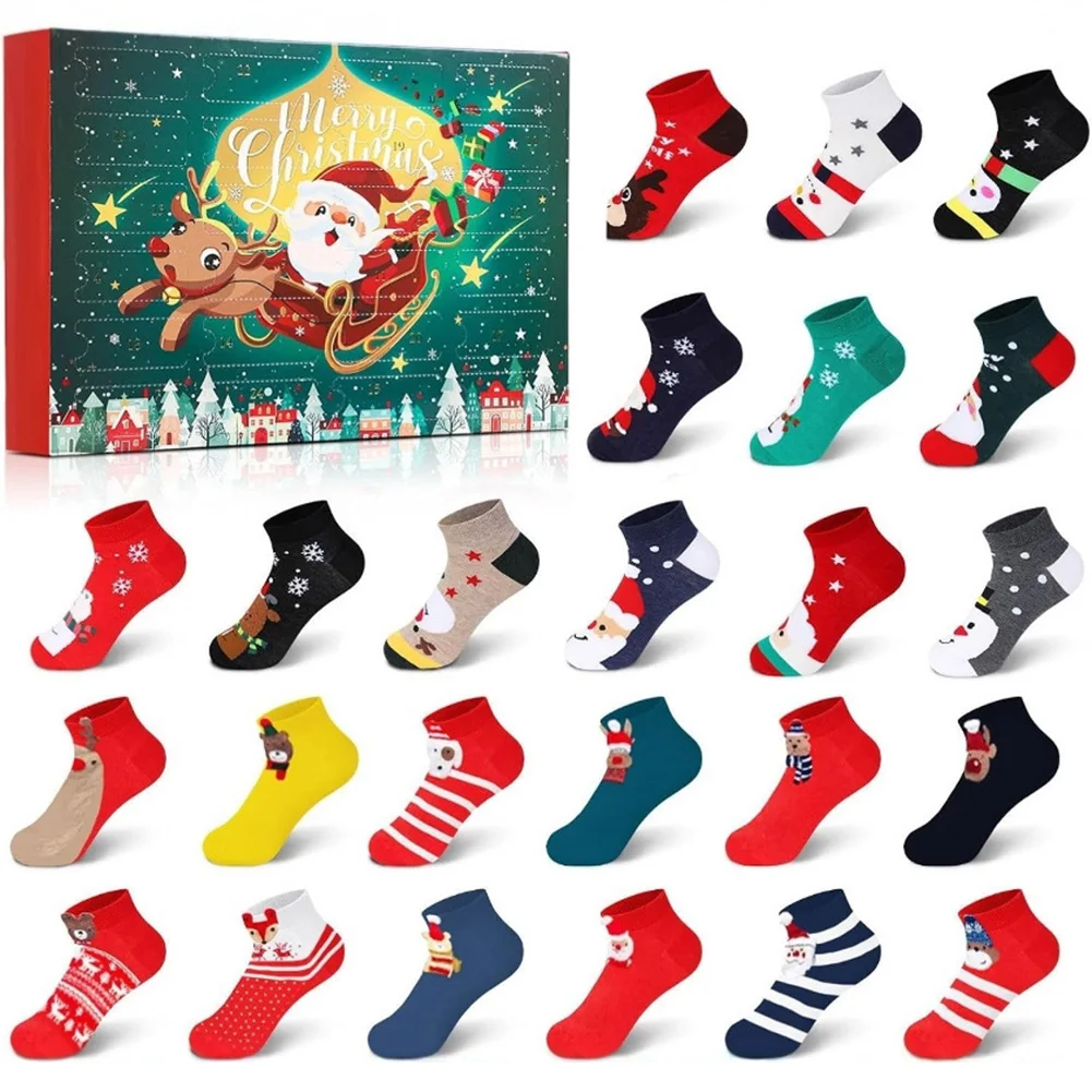 Christmas Stocking Advent Calendar 12/24 Days Countdown Christmas Socks Set Gift Box Christmas Warm Cotton Socks New Years Gift