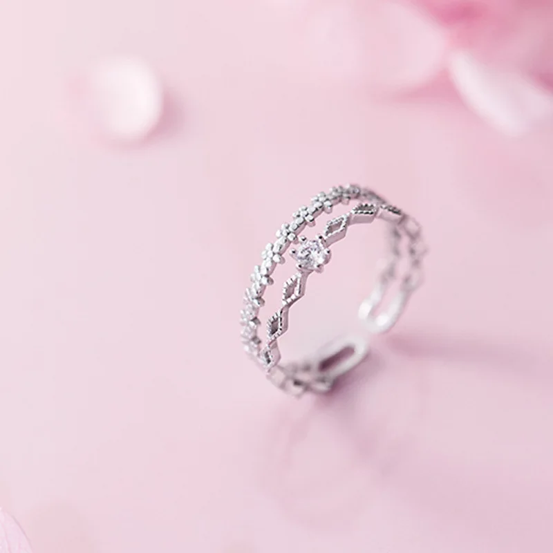 Korean Trendy Floral Zircon Double Layers Open Ring for Women Geometric Cross Cuff Rings Bride Engagement Wedding Ring Jewelry