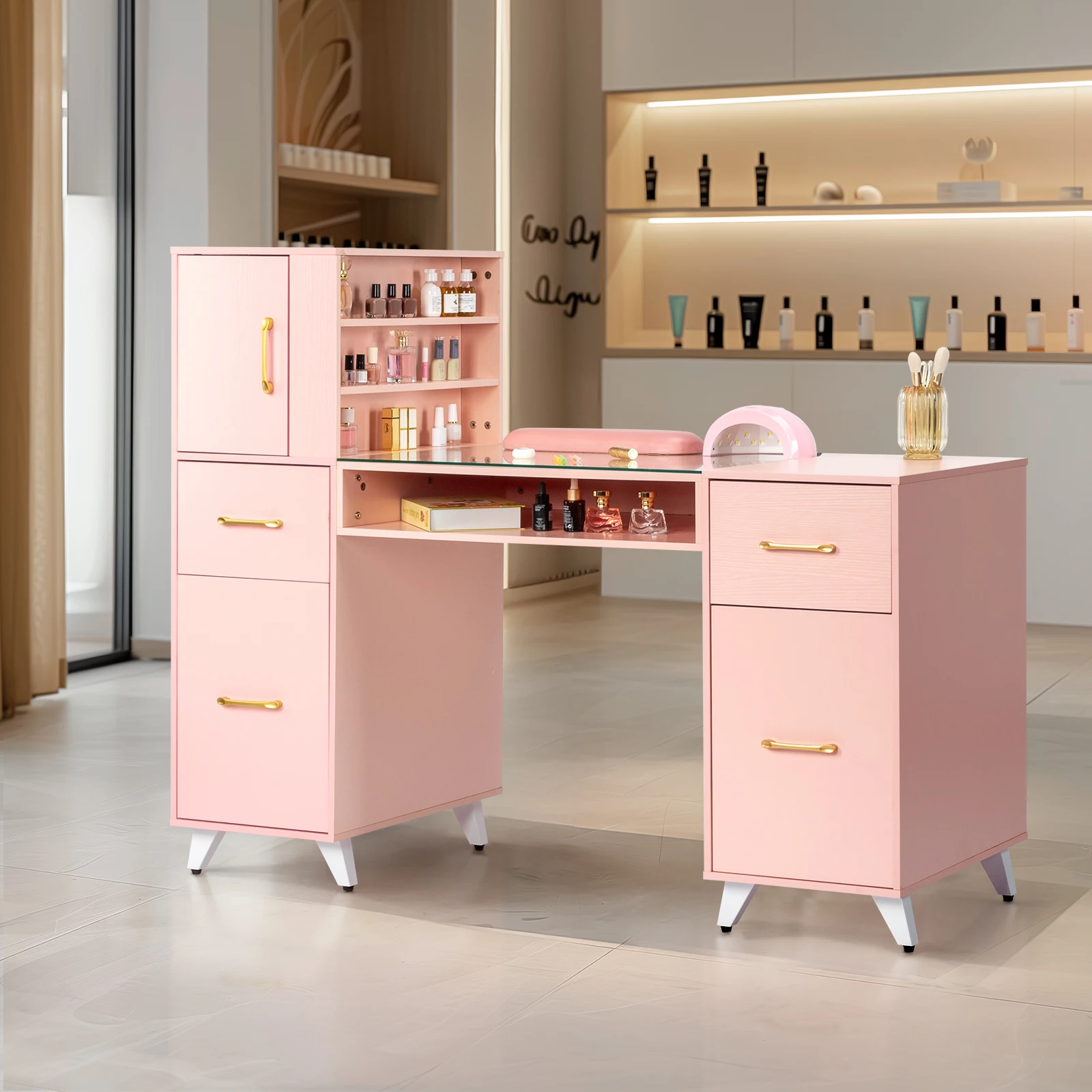 FCH pink relief particle board tempered glass 141*50*112cm three doors and two drawers fanless nail table