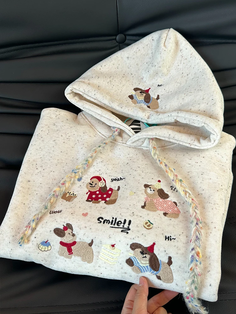 Niedlicher bestickter Hund Hoodie Damen Herbst Winter Thiened Fce Lose Oberbekleidung Lazy Sle Age Reduction Casual Jaet