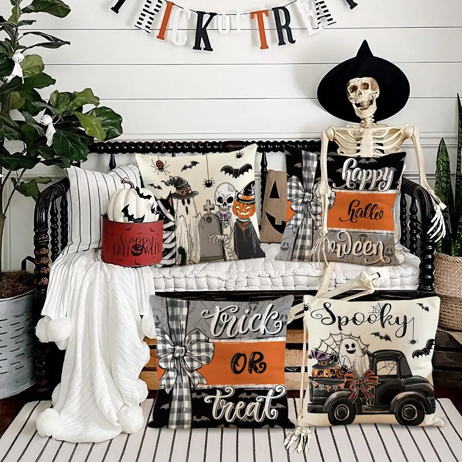 Halloween Set of 4 Double Sided Throw Pillow Covers Spooky Cat Pumpkin Ghost Top Vintage Cushion Cases Couch Sofa Decor