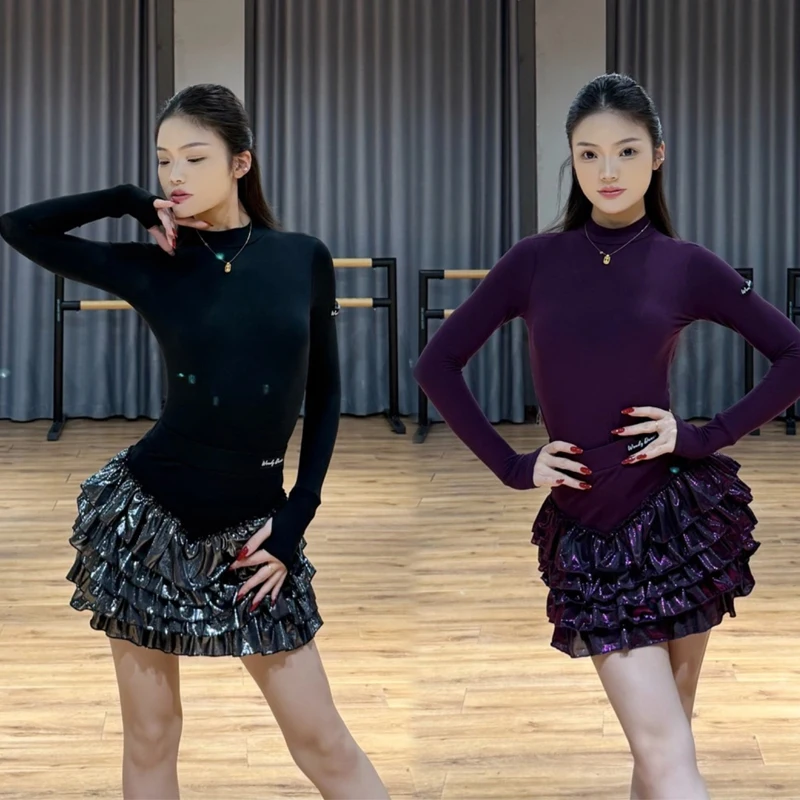 

Women Ballroom Dance Clothing Long Sleeves Latin Top Cake Skirt Adults Rumba Latin Dance Competition Costume Suits SL14412
