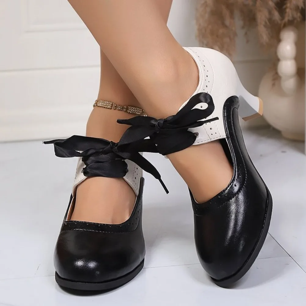 Modische Farbblock-Schnürschuhe für Damen mit hohem Absatz, Lolita-Stil, 2026 Neu, runde Zehenpartie, quadratischer Absatz, lässige Damen-Halbschuhe – Detail 9