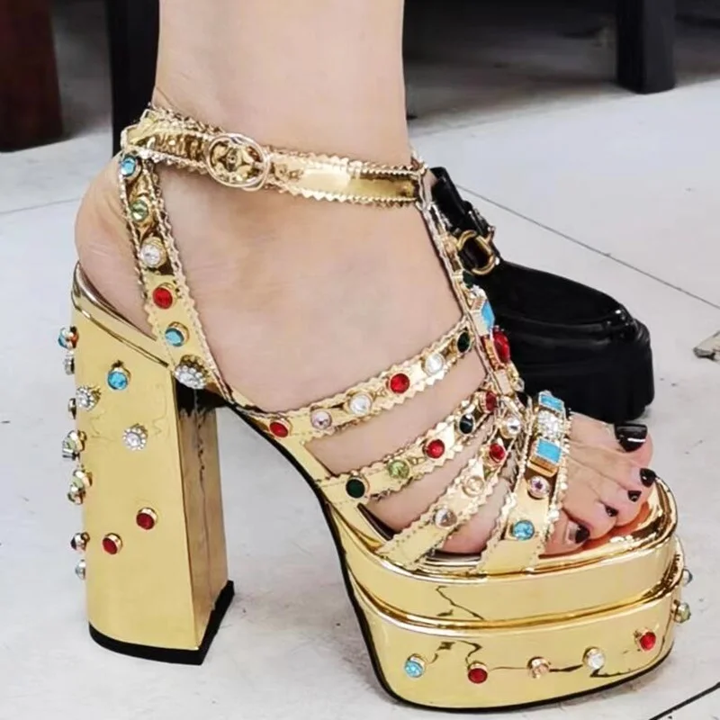 Golden Metallic Leather Chunky Sandals Multi Jewel Gemstone Platform Strappy Sandals Open Toe Hollow T Strap Summer Shoes