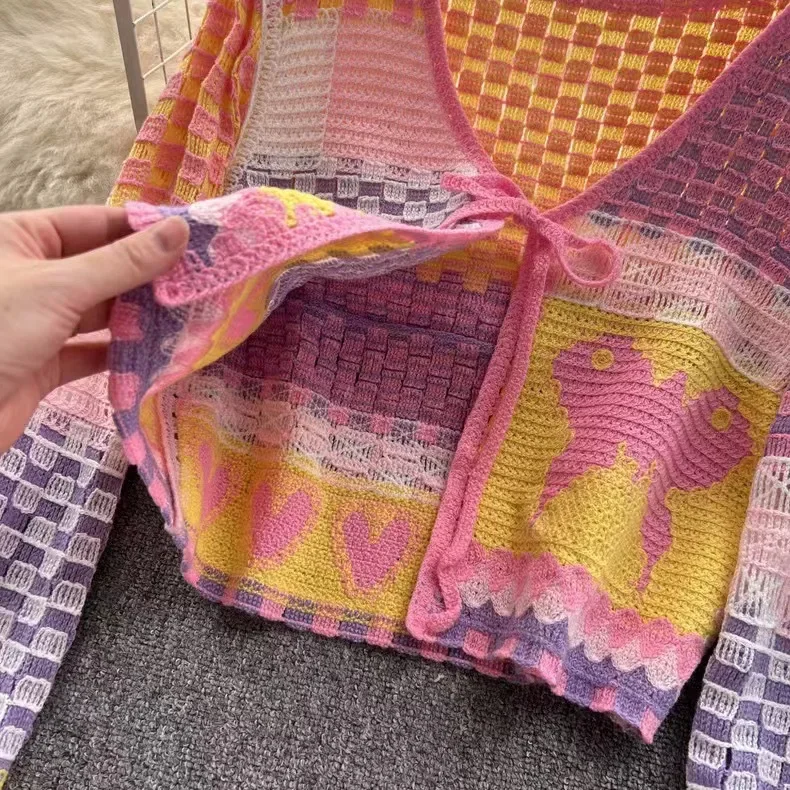 90s di Modo Y2k Estetica Lavorato A Maglia Sottile Apri Stitch Cardigan Corto Primavera Vintage Hippie Crochet Della Rappezzatura del Plaid Sottile