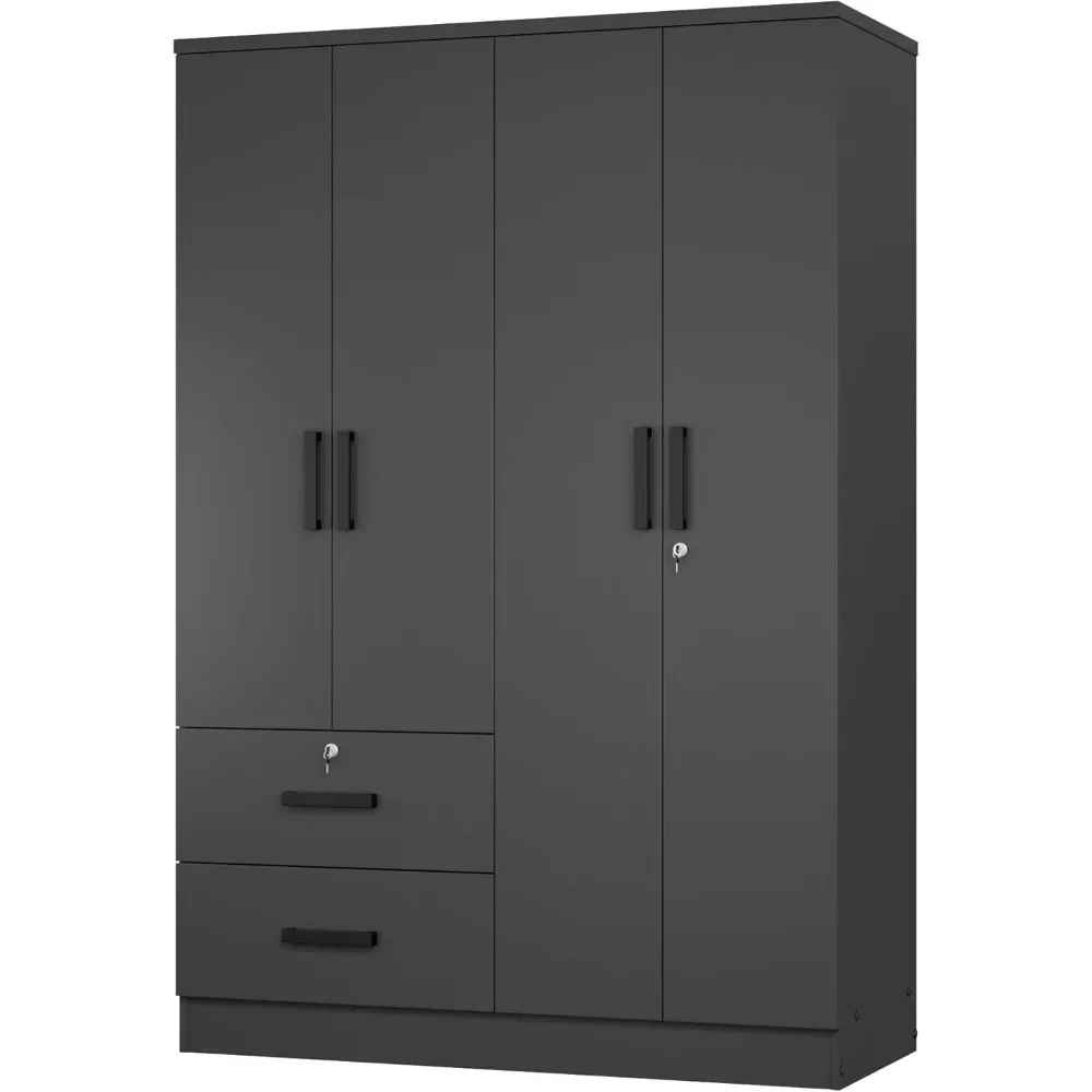 Modern home bedroom 4-door wardrobe with 2 drawers and shelves, 72 inches high, black