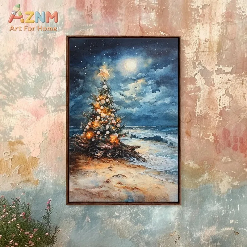 Coastal Beach Christmas Tree Moon Star Ocean Canvas Poster Prints Frameless Wall Art Festive Winter Soft Cute Home Decorations